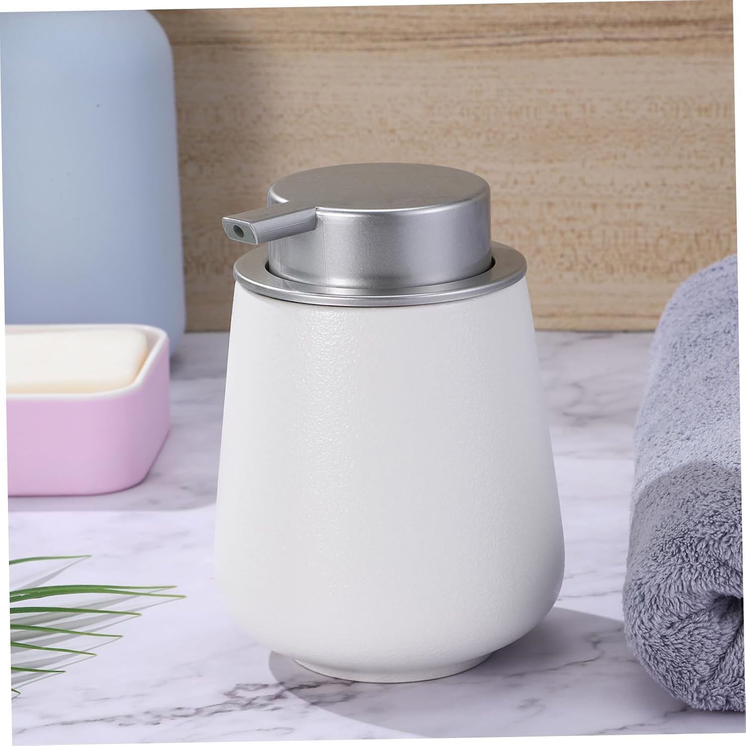 Hand Soap Dispenser Opaque Ceramic Bottle for Bathroom Countertop Easy Refill Shampoo Wash Holder Modern Design Silver Cap
