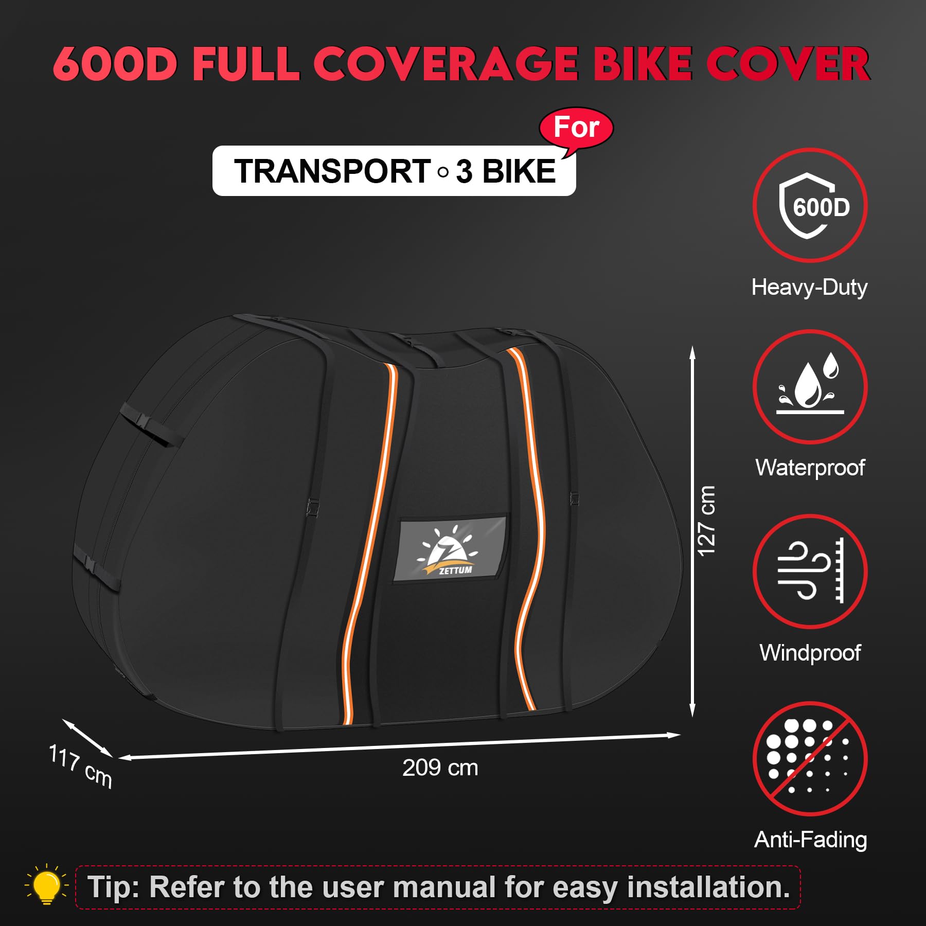 Zettum Fahrradabdeckung für Transport 3 Fahrräder – Wasserdichte & Heavy Duty Fahrradhülle mit PU-Beschichtung für Heckträger, Außenlagerung auf der Autokupplung während der Reise