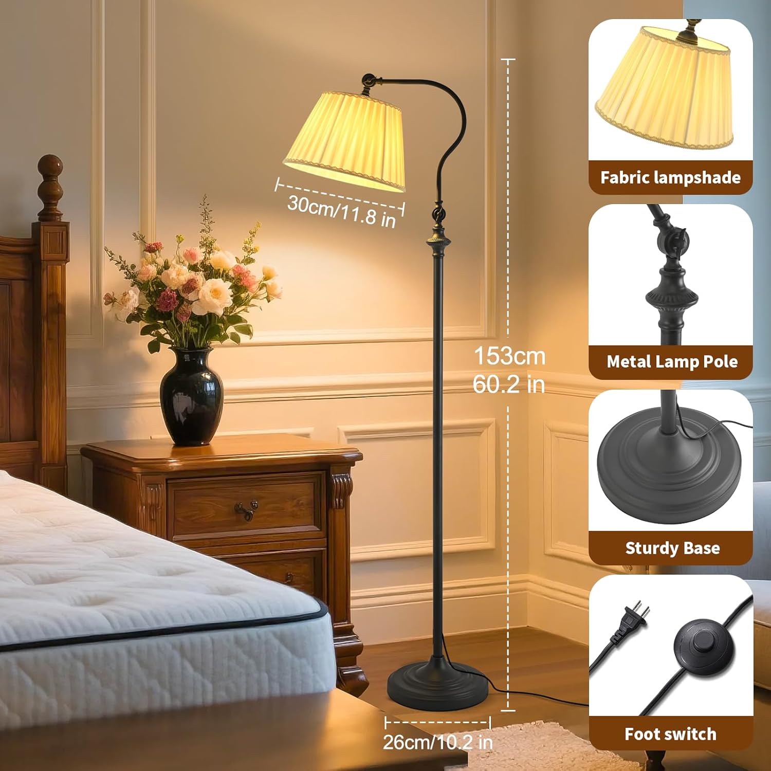 Floor Lamp with Fabric Shade,12W Smart Remote and Bluetooth Dimmable, Standing Lamps for Living Room Corner Bedroom Bedside Farmhouse Office,Modern Rustic Vintage Tall Reading Light