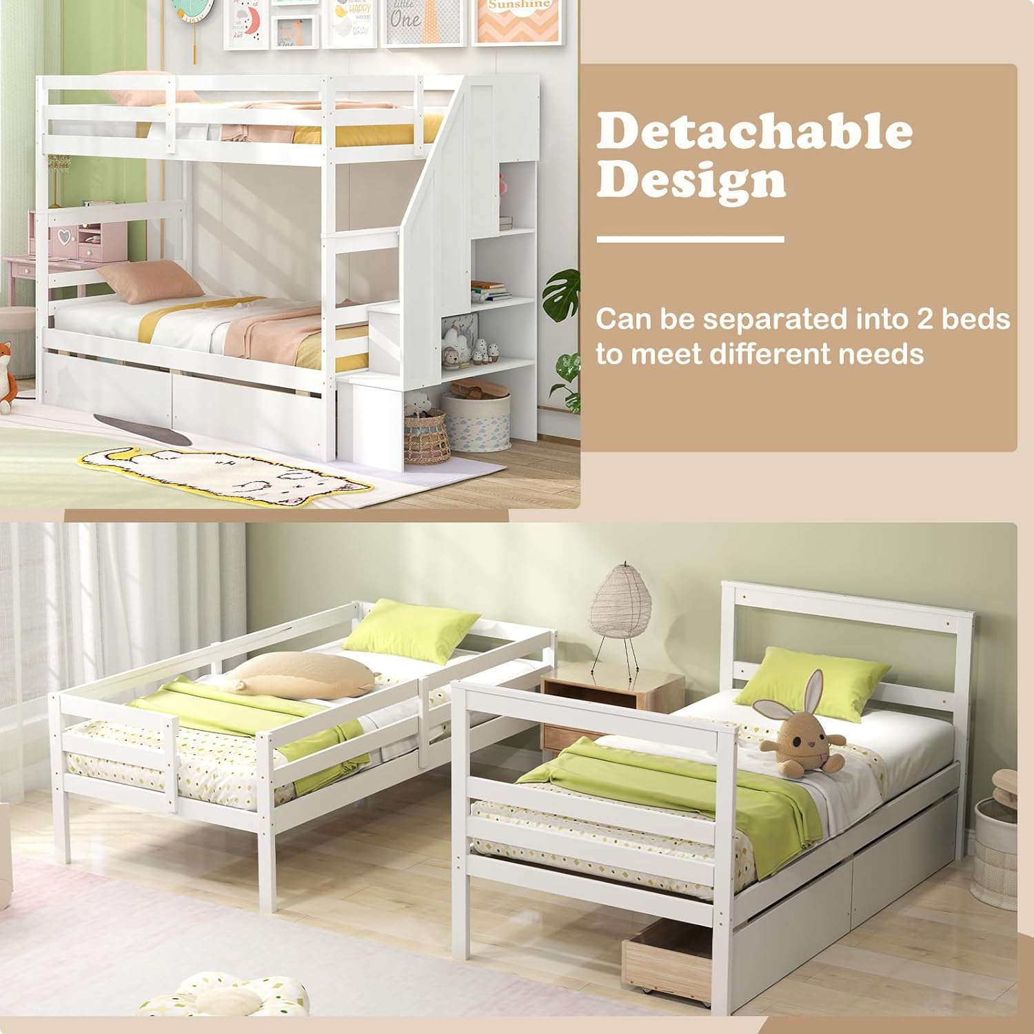 KOTEK Twin Over Twin Bunk Bed with Stairs and Drawers, Solid Wood Bunk Bed Frame with Storage & Safety Guardrails, Bunk Beds Detachable into 2 Beds for Kids Teens Adults (White)