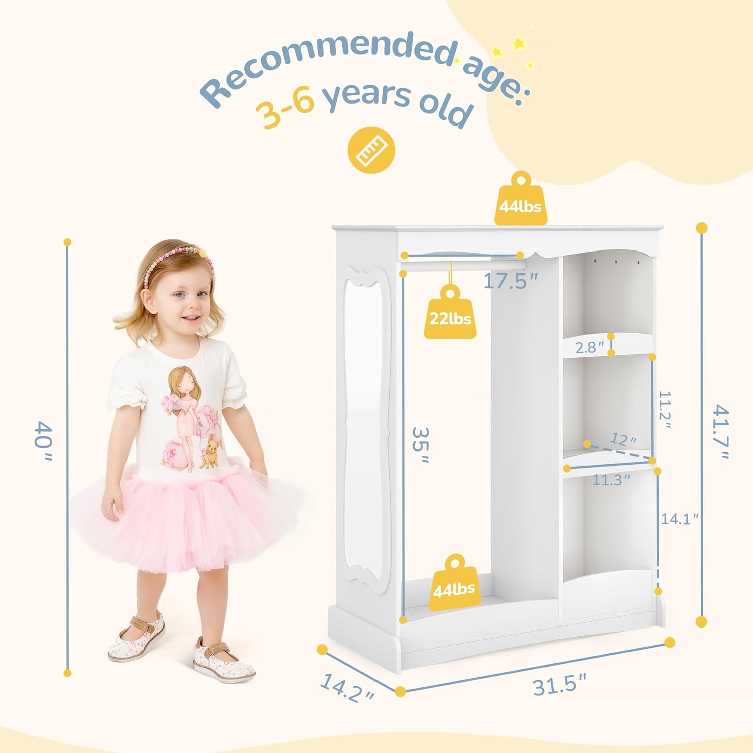 Curipeer Kids Dress Up Storage with Flower Mirror, Open Hanging Closet Wardrobe for Children, Kids Armoire & Costume Organizer for Bedroom Playroom Preschools Classroom, White