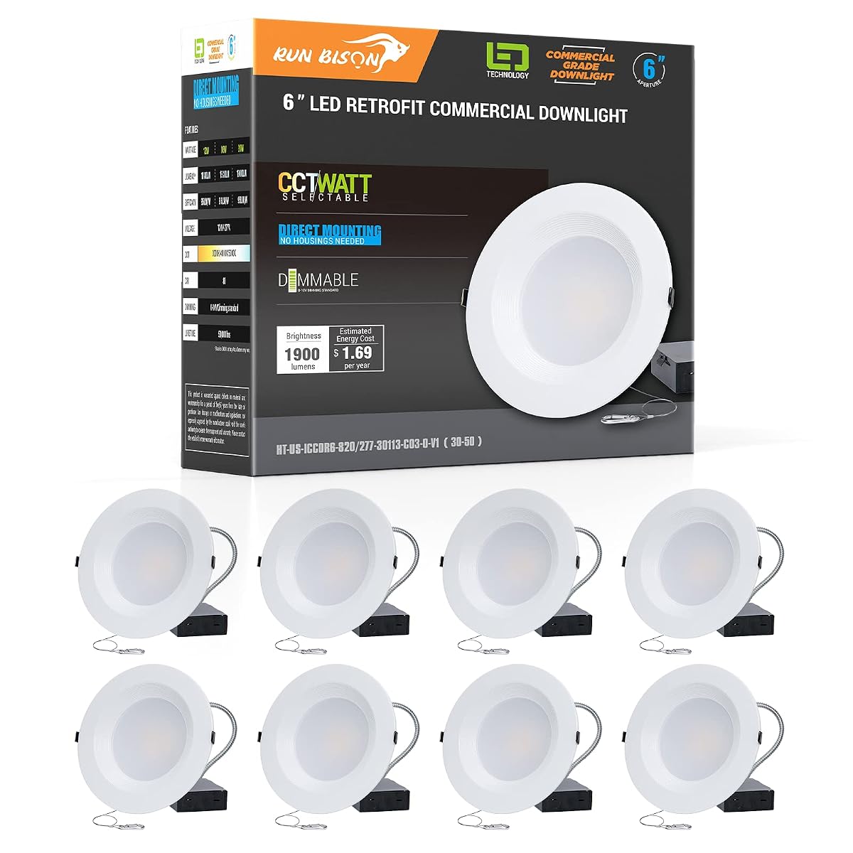 Run Bison 6 Inch 120-277V Led Recessed Lighting With J-Box, Wattage Adjustable