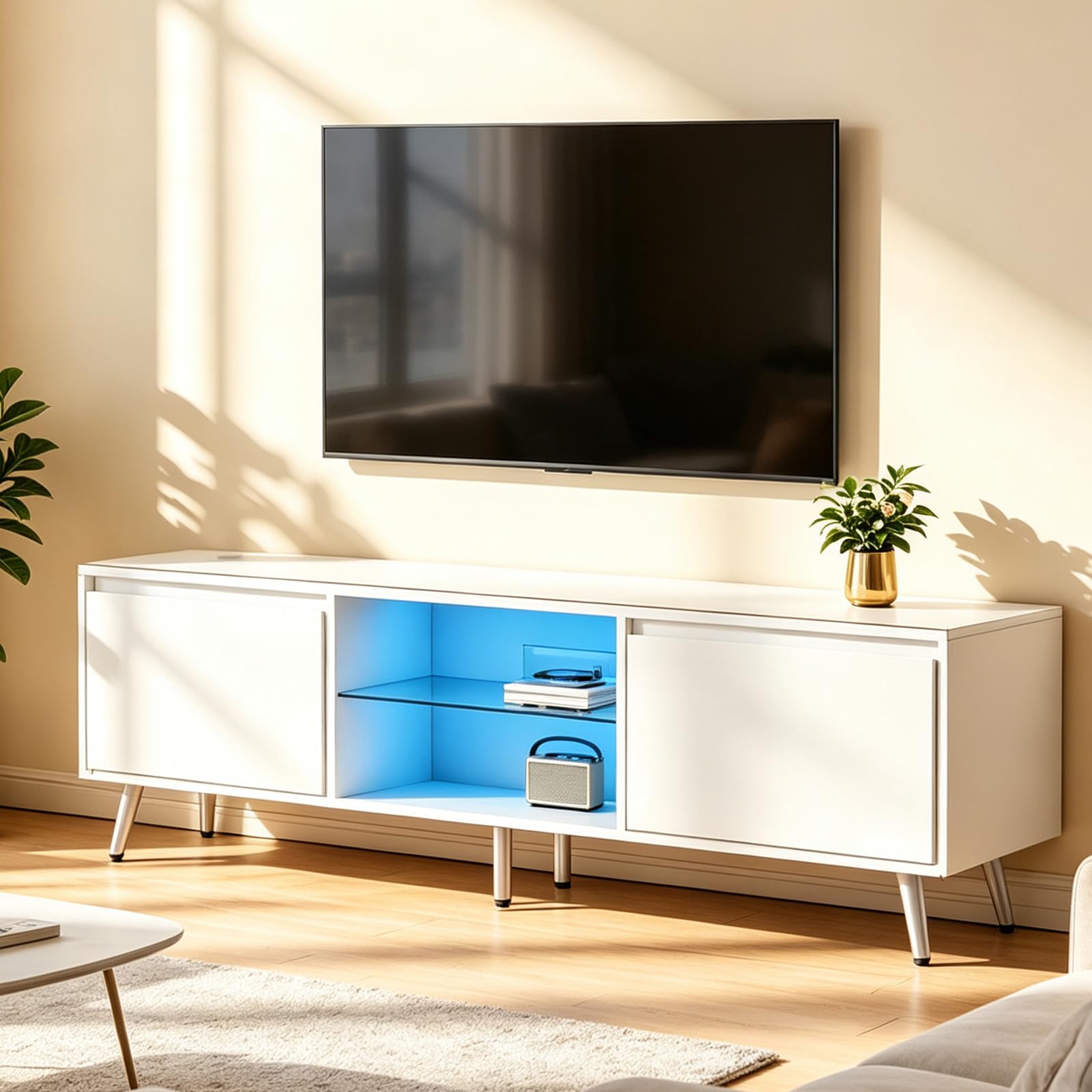 Meuble TV avec LED Réglable, Table TV Design 148x40x49.5 Cm