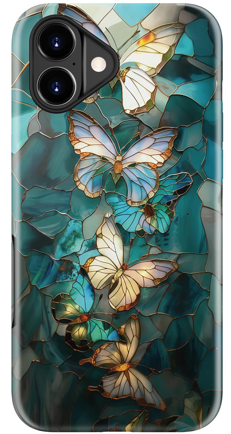 MERRO for iPhone 17 Case,Cute Aesthetic Y2K Phone Cover with Wildflower Designs for Women,Dual-Layer Silicone & Hard Shell Defense,Wireless Charging Compatible - Azure Mosaic Butterfly