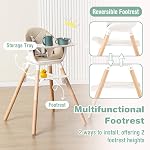 BABY JOY Baby Chaise haute, 6 en 1 Chaise haute convertible en bois pour bébés & Les tout-petits avec des jambes réglables, un bac double amovible, Harnais de sécurité & imperméable PU Coussin (Beige)