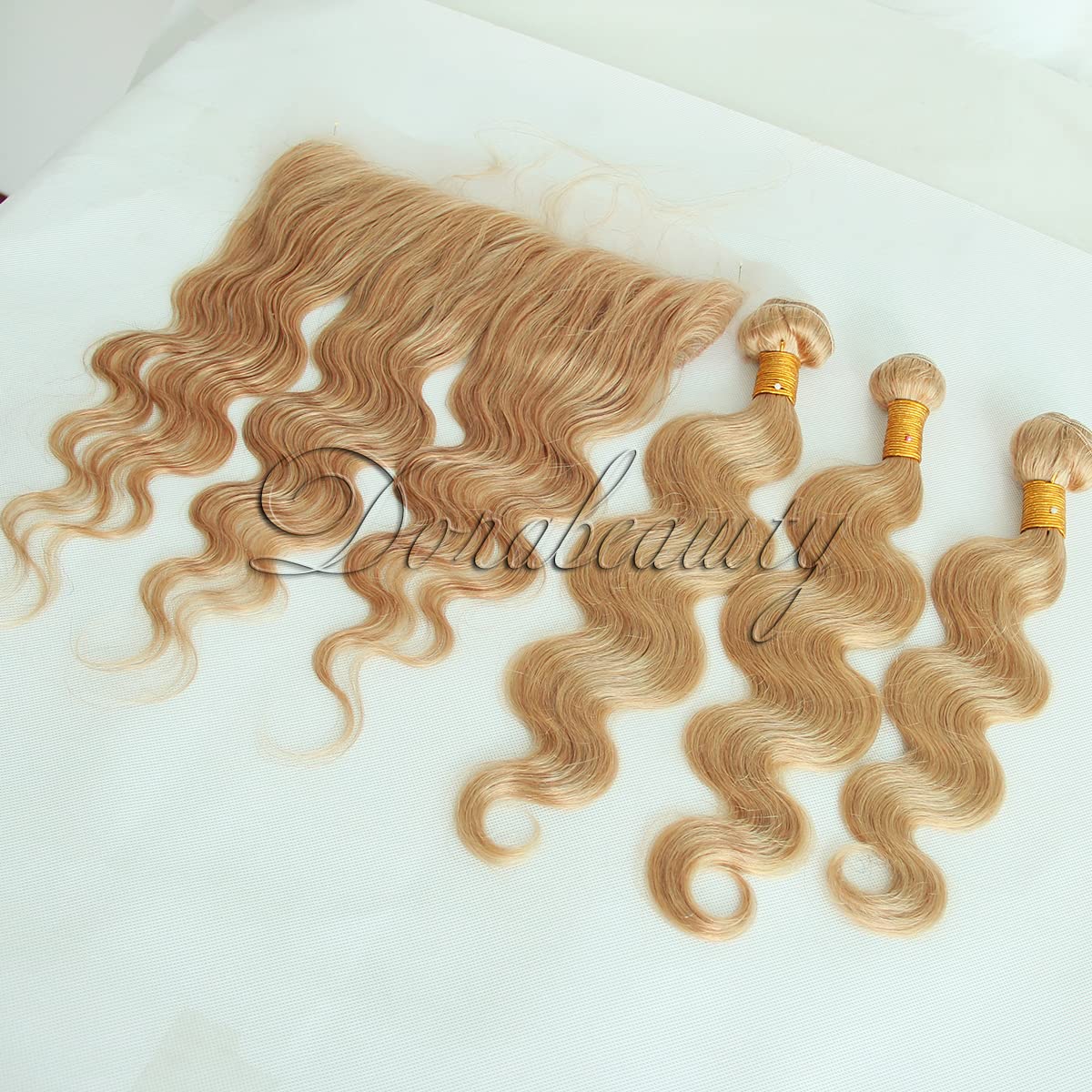 #27 Honey Blonde Bundles with Lace Frontal 100% Brazilian Virgan Human Hair Body Wave 13×4 inches Frontal Ear to Ear Free Part Pre Plucked Natural Hairline with Baby Hair 12+14 16 18 inch
