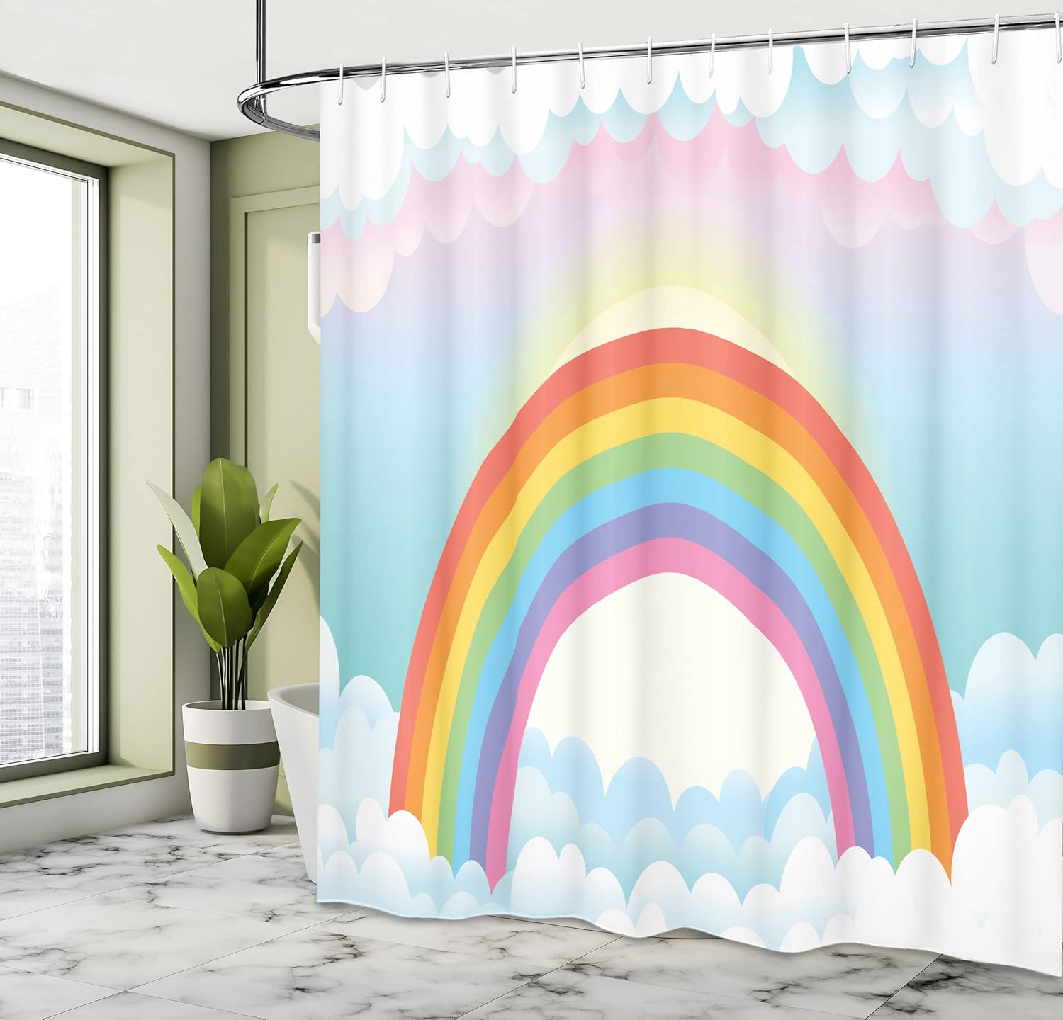 Lunarable Rainbow Shower Curtain, Dreamy Creative Style Graphic with Tender Sun Soft Sky and Clouds Vivid Bars, Cloth Fabric Bathroom Decor Set with Hooks, 69" W x 75" L, Multicolor