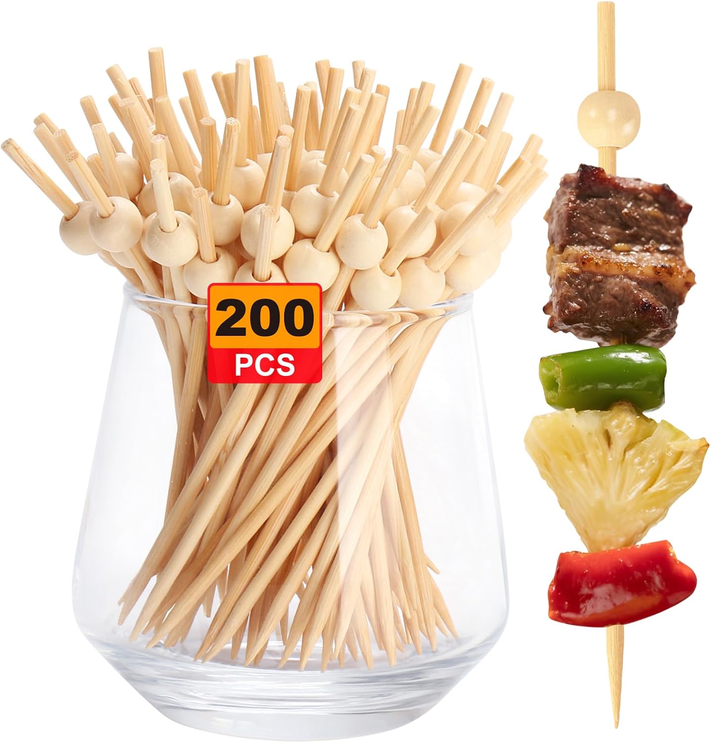 [300PCS] Cocktail Picks, Fancy Toothpicks for Appetizers Drinks Food Fruit, 4.7 IN Long Decorative Bamboo Skewers, Gold Pearl Wooden Garnish Sticks for Charcuterie Boards Accessories Party Supplies
