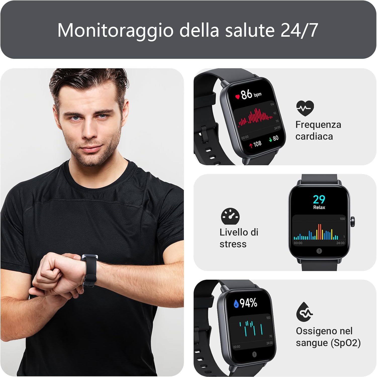 Gydom Smartwatch Uomo Donna, Effettua/Risposta Chiamate, Alexa Integrato 1.8" Orologio Smartwatch Fitness con Contapassi, Monitoraggio Sonno/Frequenza Cardiaca/SpO2, Impermeabile IP68 per Android iOS 1,8 Pollici Nero - Immagine 3