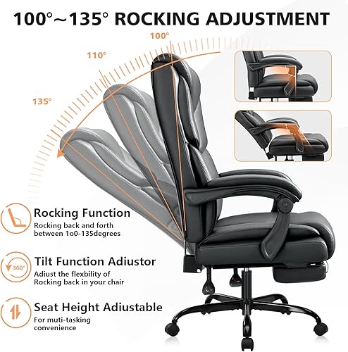 Miniatura 7 de Silla de oficina de 400 libras con reposapiés, silla de oficina reclinable grande y alta con cojín de resorte de soporte lumbar, silla de