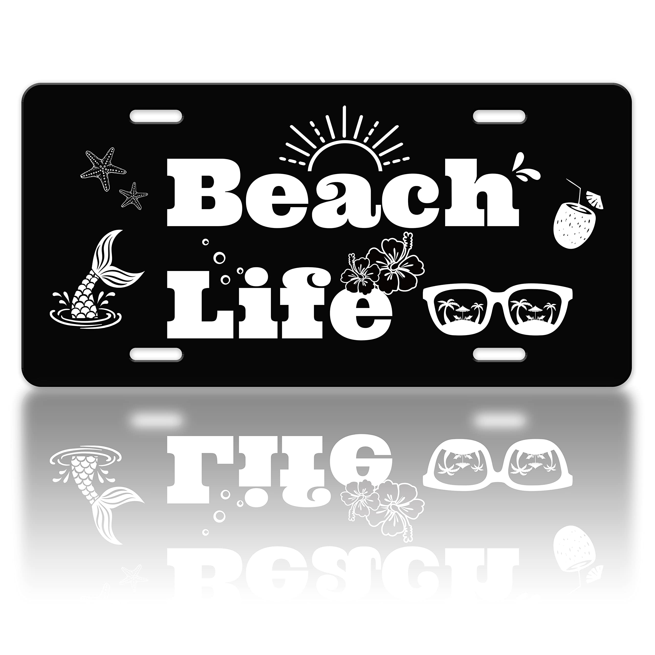 Beach Life License Plate Cover Hawaii License Plate Funny Vacation Stainless Steel for Car Decoration Accessory Vanity Tag for USA Canada Standard Gift License Plate Holder for Men Women12.2" X 6.2"