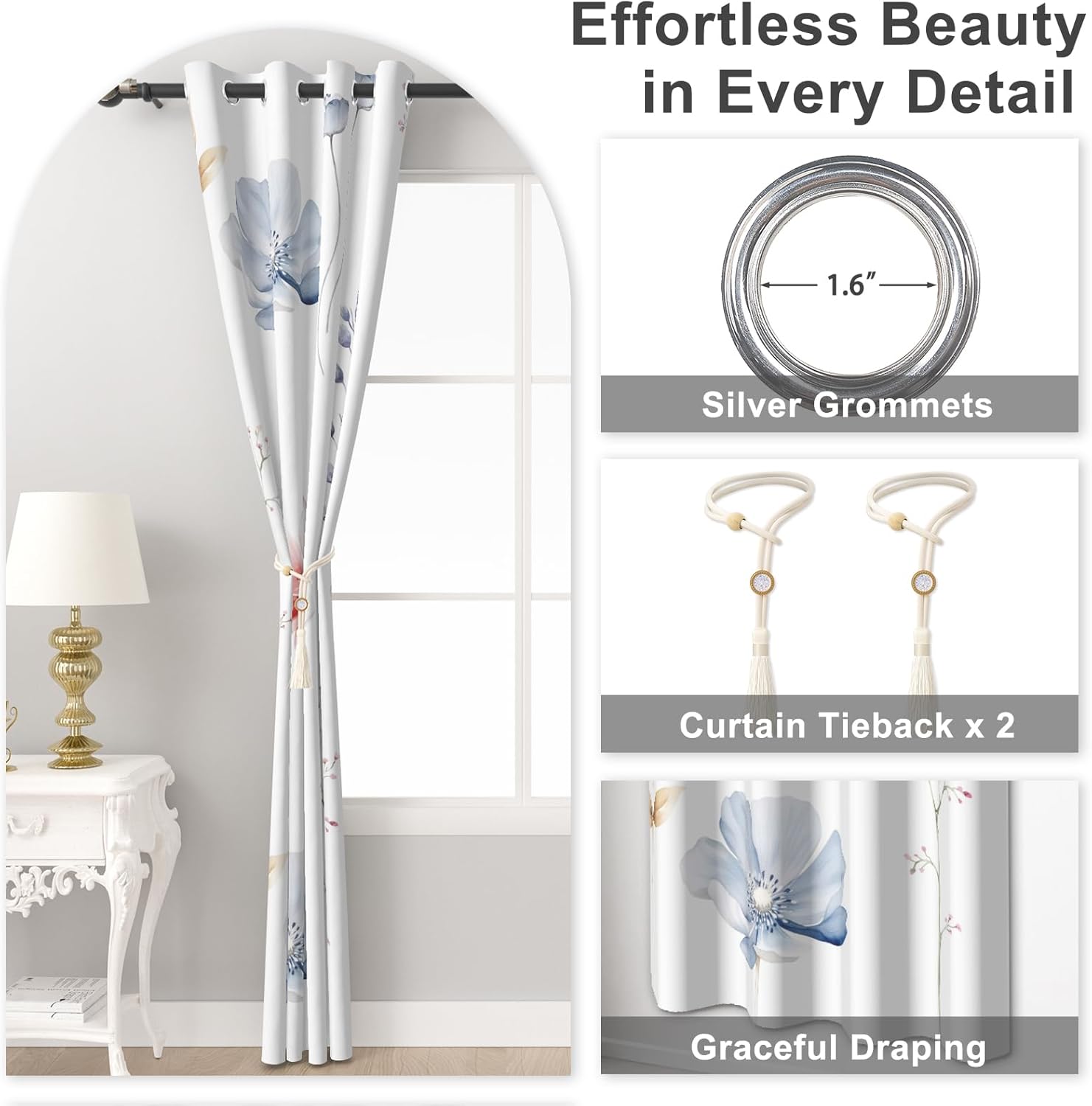 Pink and Blue Floral Blackout Curtains for Bedroom Living Room, Farmhouse Room Darkening Curtains 84 Inch Length 2 Panels Set, Soundproof Privacy Thermal Curtains for Summer Insulated with Tiebacks