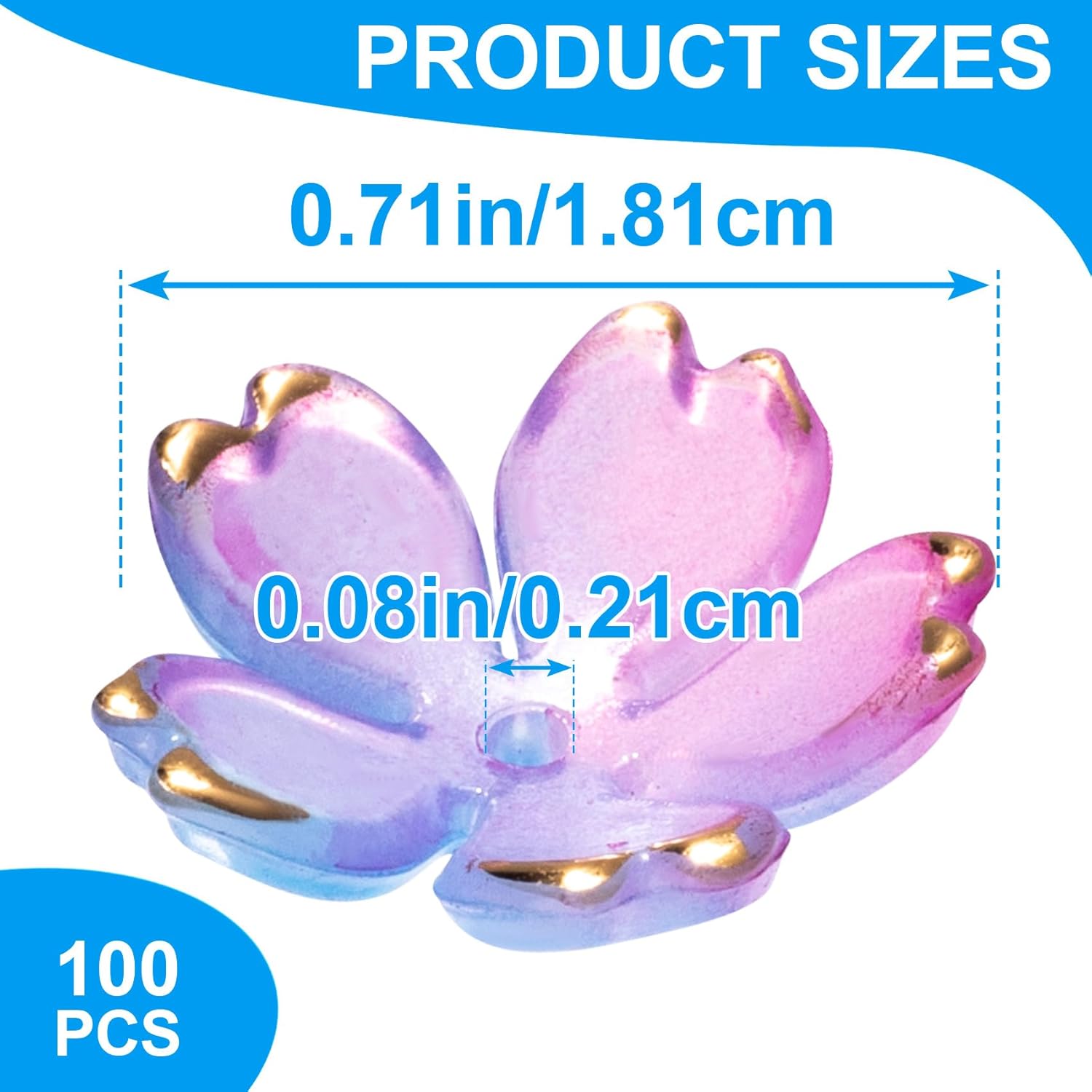 100pcs Cherry Blossom Floral Beads, Blue Gradient 5-Petal Acrylic Flower Charms, Gold-Plated Mini Spacers Beads for Bracelets Necklaces Earrings Jewelry Making - Image 2