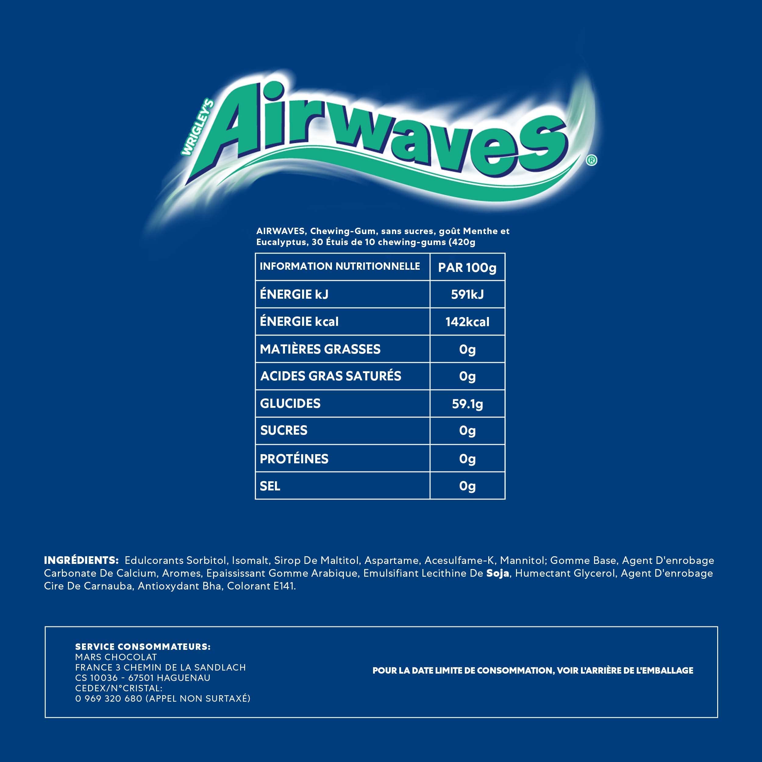 AIRWAVES Chewing Gum Sans Sucre Goût Menthol et Eucalyptus 30 Paquets 300 Dragées 420g