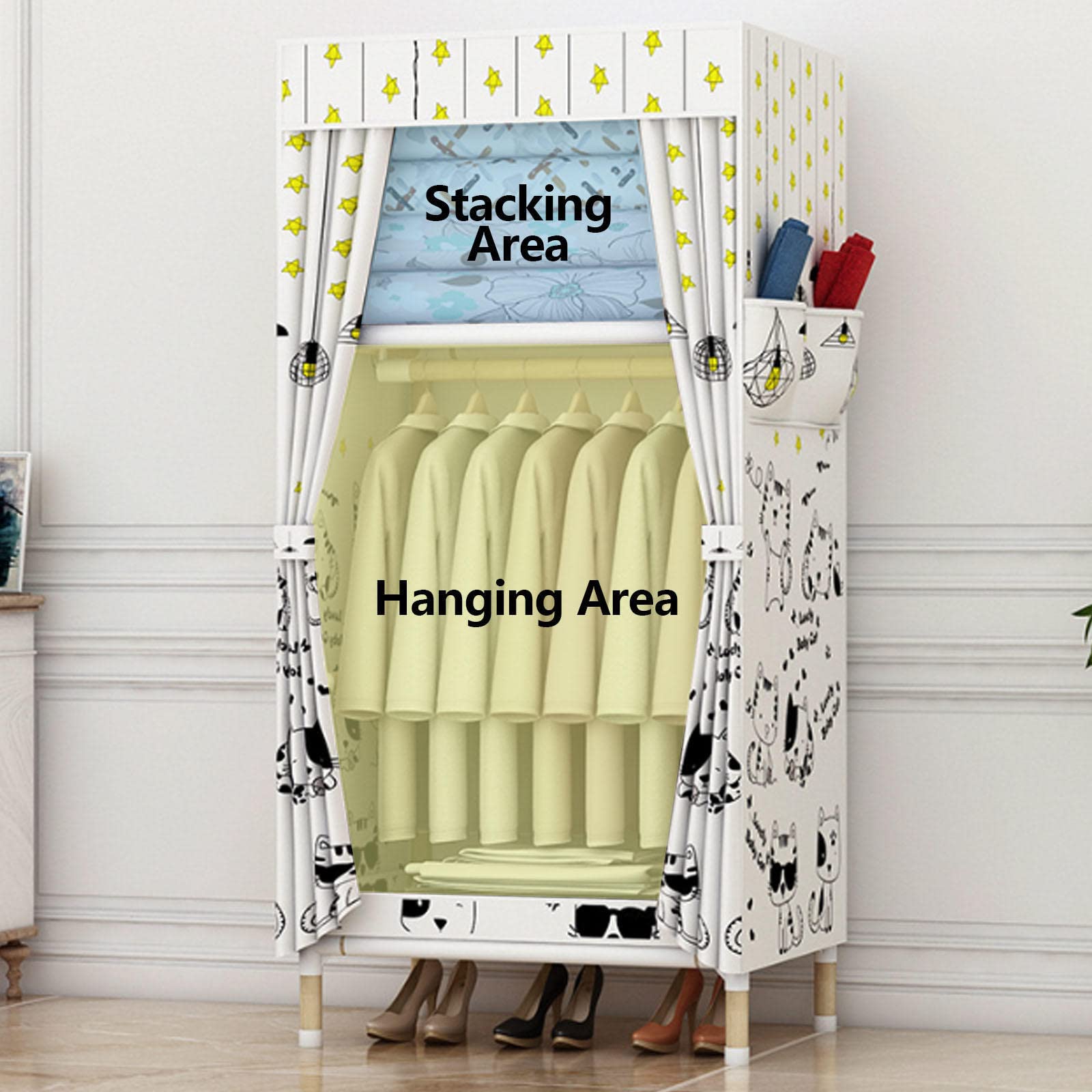 Tragbarer Kleiderschrank aus Segeltuch, Regale, faltbarer Schrank mit Kleiderstange und Seitentaschen, Kleiderschrank, Aufbewahrungsorganisator für Kleidung, Taschen, B-65 x 45 x 1