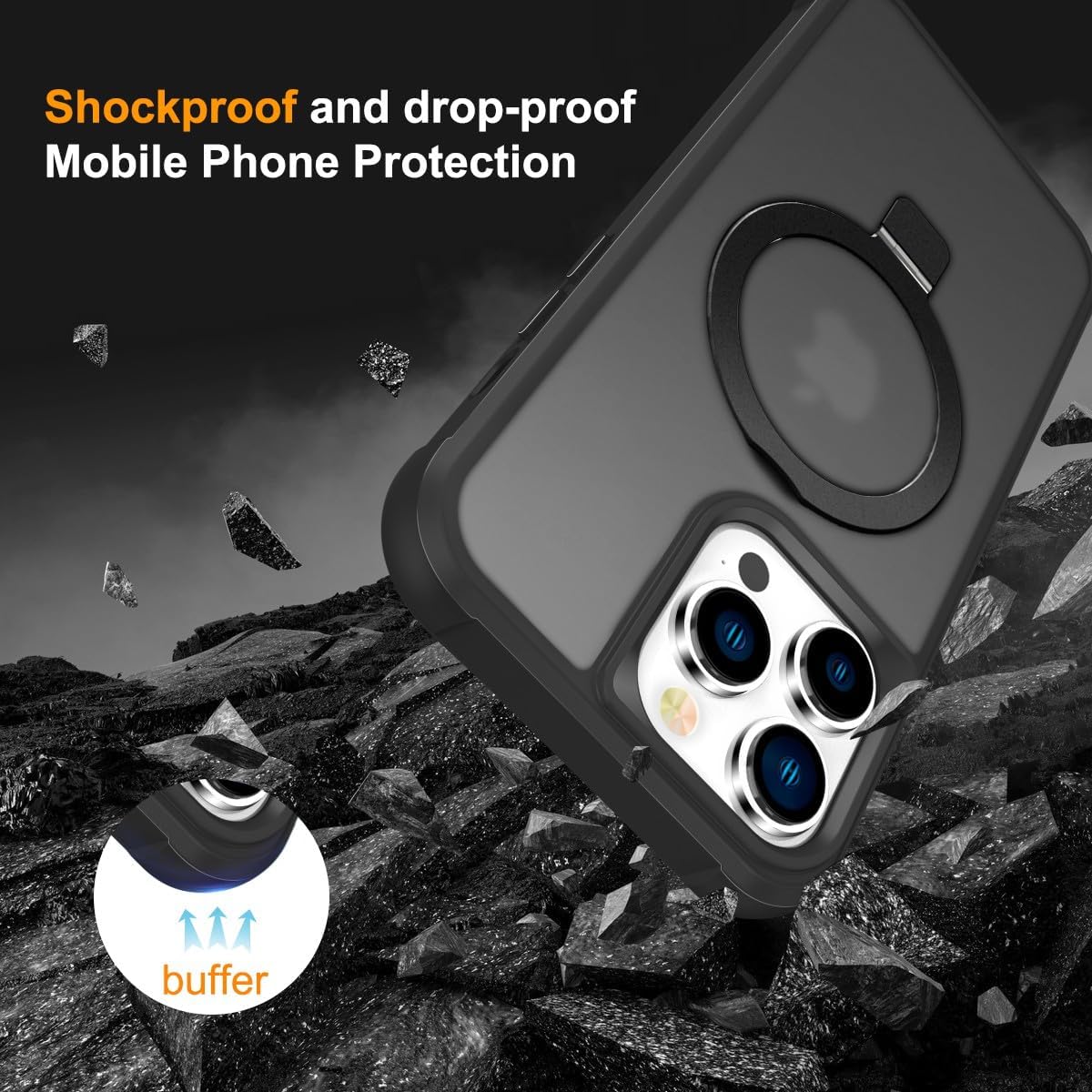 Compatible with iPhone 12/12 Pro with Magnetic Invisible Ring Kickstand Compatible with MagSafe Lightweight and Translucent Matte Back Shockproof Protective Case Men Women Black