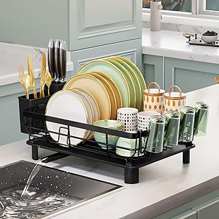 HOYECHI Dish Drying Rack - Dish Drainer Rack with Drip Tray, Swivel Spout, Rust-Resistant Dish Rack with Cup Utensil Holder for Kitchen Counter, Black