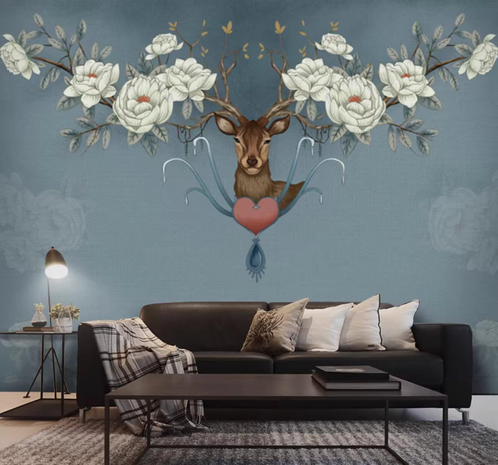 Minimalist Vintage Nostalgic Reindeer Flowers 3D Wallpaper Easy Install Feature Office Living Room Sofa Bedroom TV Background Wall Decoration-250cm×170cm