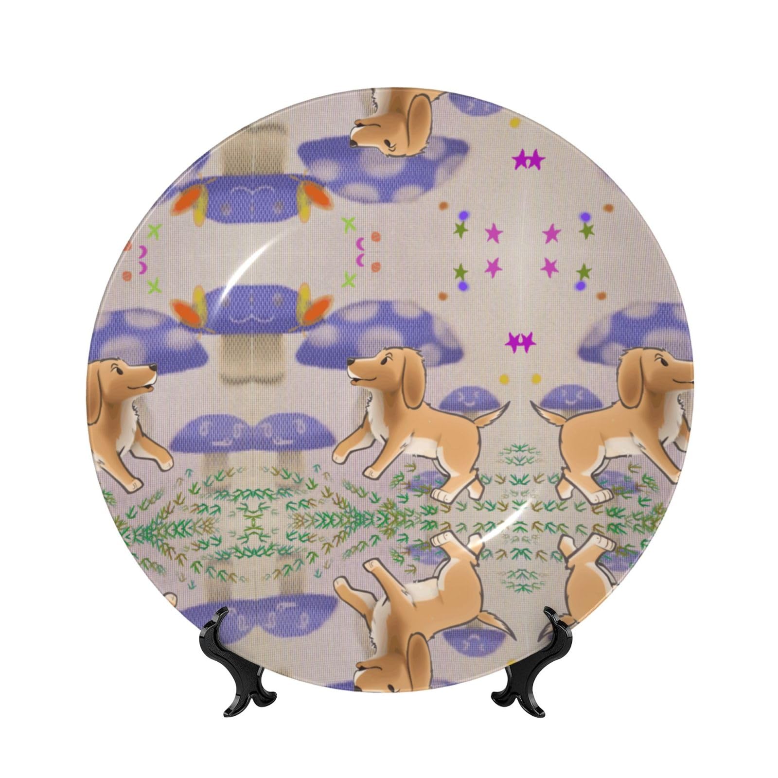 SXZVVBN Cartoon mushroom with dog Bone China Decorative Plate Art with Stand Removable Adhesive Hanging for Home Office 7in