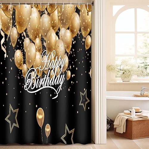 Cortina de ducha de feliz cumpleaños, juego de cortina de ducha impermeable, decoración de baño con 12 ganchos, 72 x 72 pulgadas