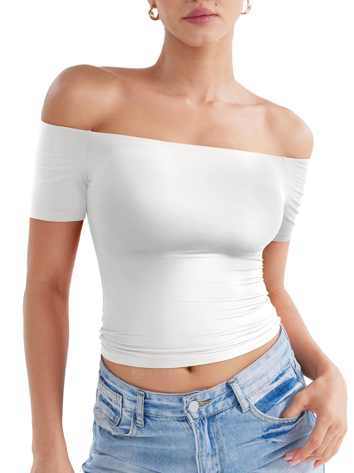 ZAAYO Maglietta da donna a maniche corte, con spalle scoperte, modello Y2K Summer Crop Top