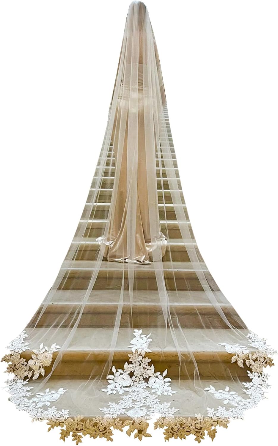 EllieWely Cathedral Length Floral Lace Soft Tulle Wedding Bridal Veil with Metal Comb