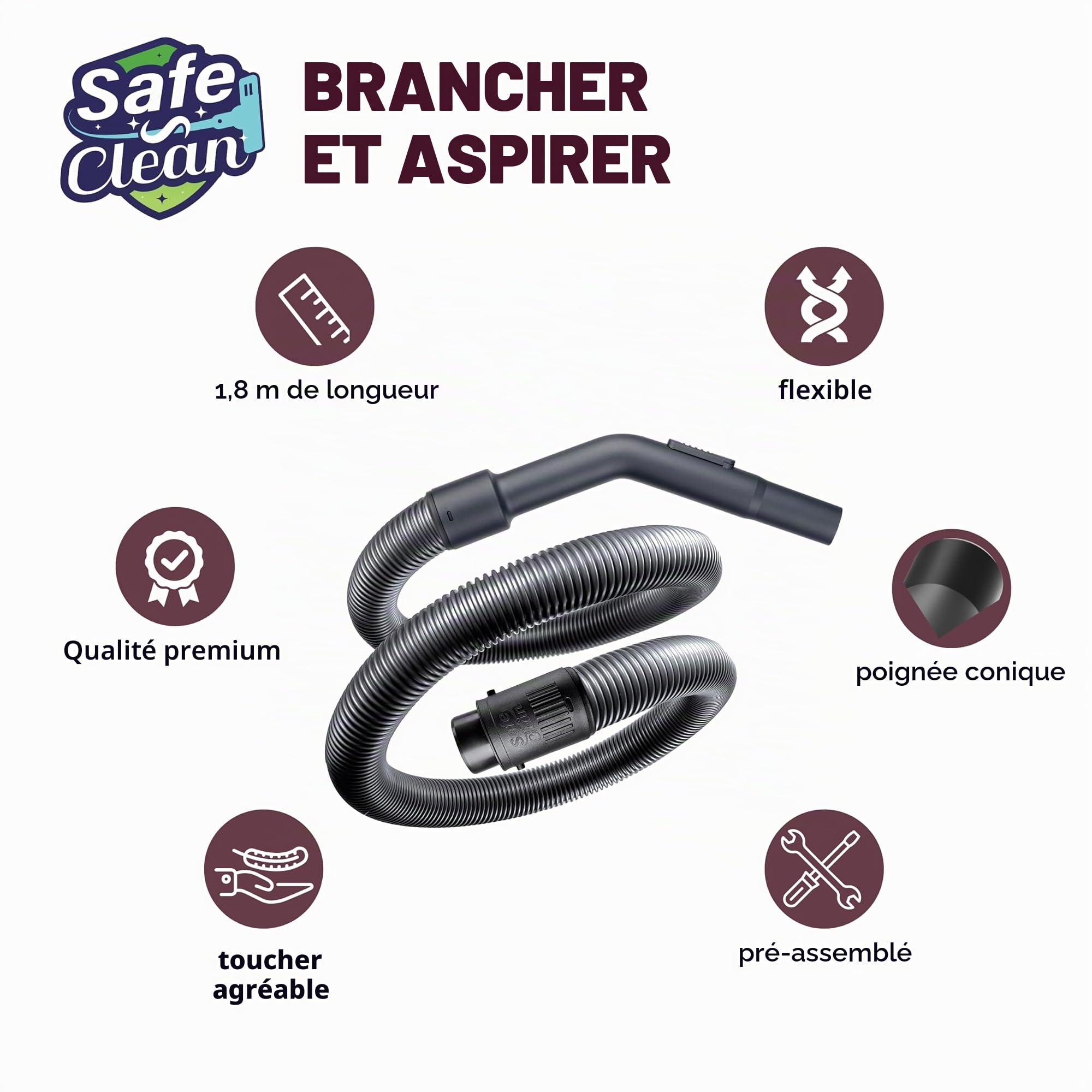 SAFE 'N CLEAN Tuyau d'aspirateur avec poignée compatible avec les modèles Rowenta Compact Power (RO3950, RO4825, RO4B23, RO3969EA), etc. Alternative au SS-7223035243