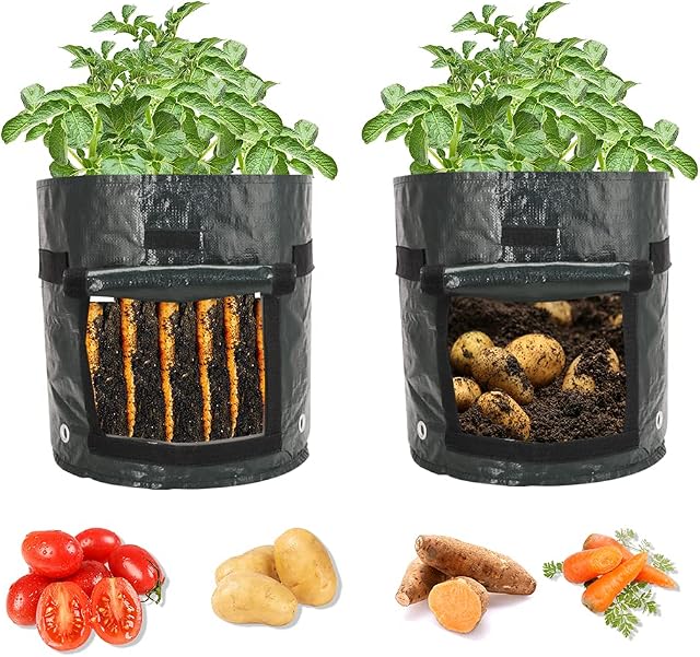 Ram® 2 x Potato Fruit Vegetable Grow Bags, 2 Pack 7 Gallon Plant Growing Bags Window Flap, Handles for Potato Tomato Carrot Onion Flower Fruit