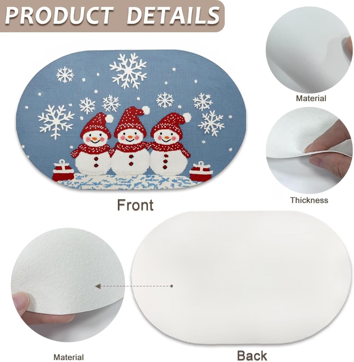 Poceacles Oval Placemats Set of 4, Dining Table PU Leather Placemat Easy to Clean Oil-Proof Non-Slip Tablemats for Outdoor Indoor Parties, Snowman Snowflake Blue