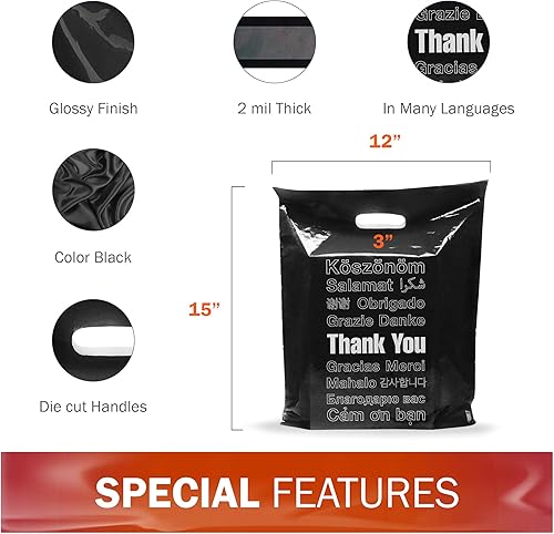 Miniatura 6 de Paquete de 100 bolsas de plástico negras con diseño de agradecimiento de 12 x 15 pulgadas con asas troqueladas de 2.0 mil de grosor, perfectas para