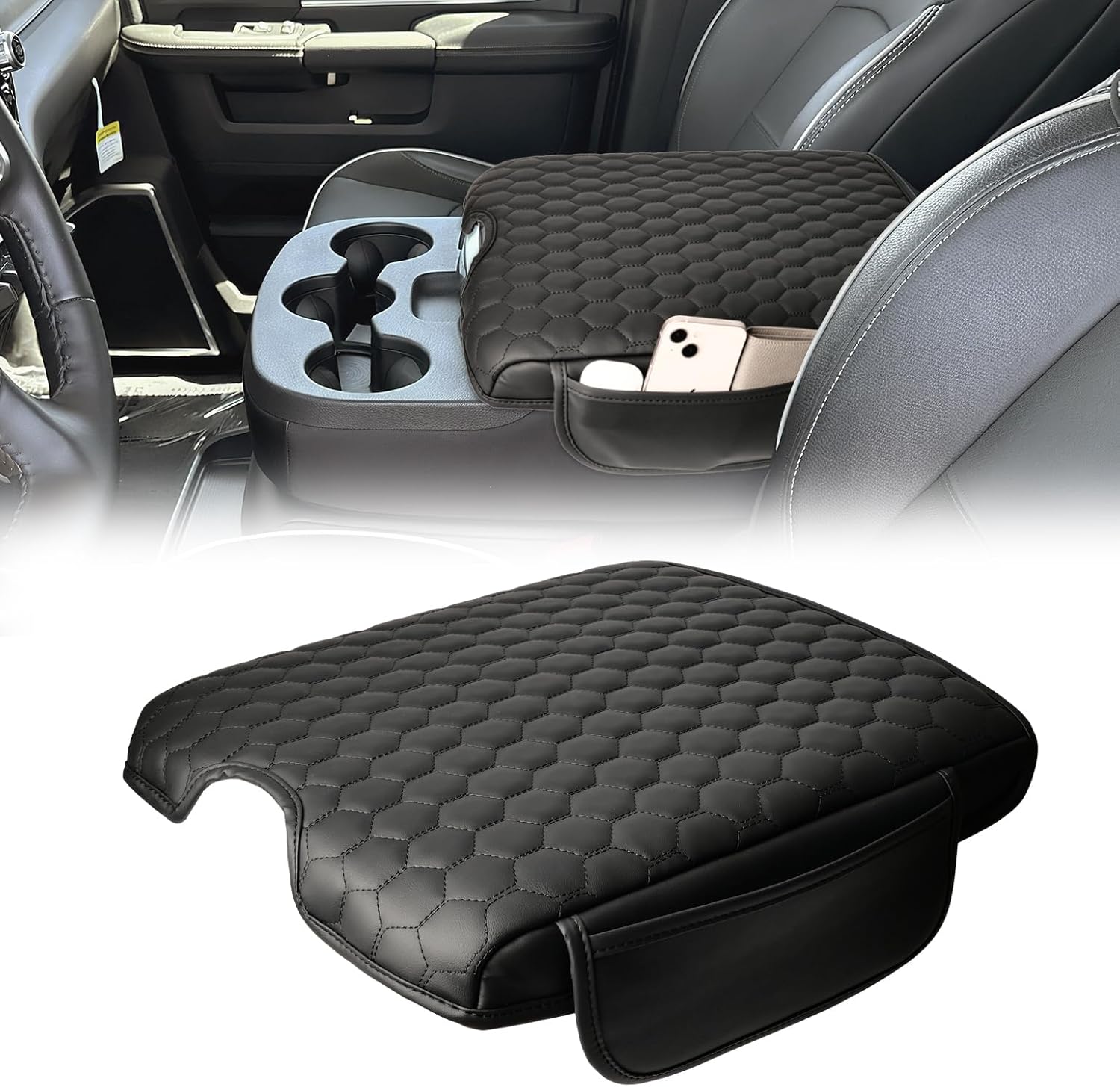 Center Console Cover Compatible with 2019 2020 2021 2022 2023 2024 2025 Ram 1500 2500 3500, 1.2'' Thickened Middle Console Cover with Two Pockets(Bucket Seat Only)