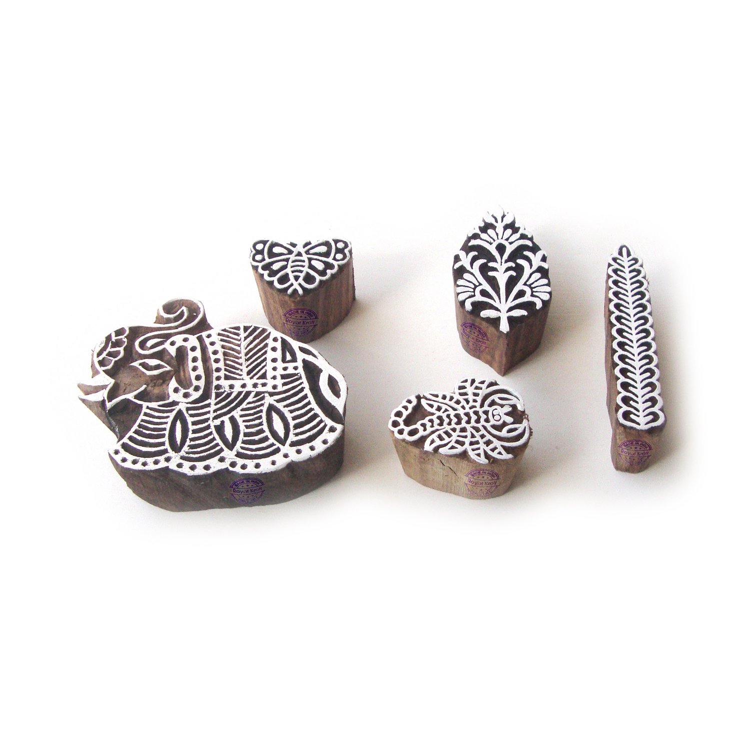 Elephant and Butterfly Jaipuri Pattern Wooden Printing Blocks (Set of 5)