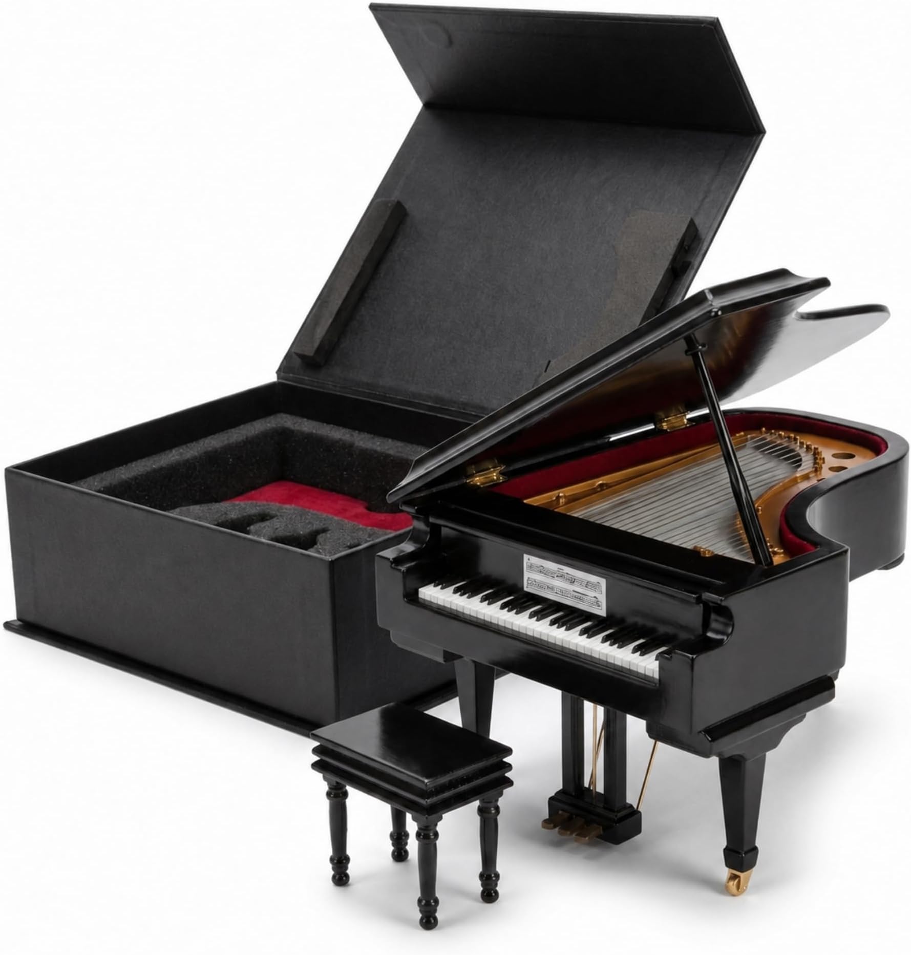 Black Baby Grand Piano Music Box with Bench and Black Case - Plays Fur Elise