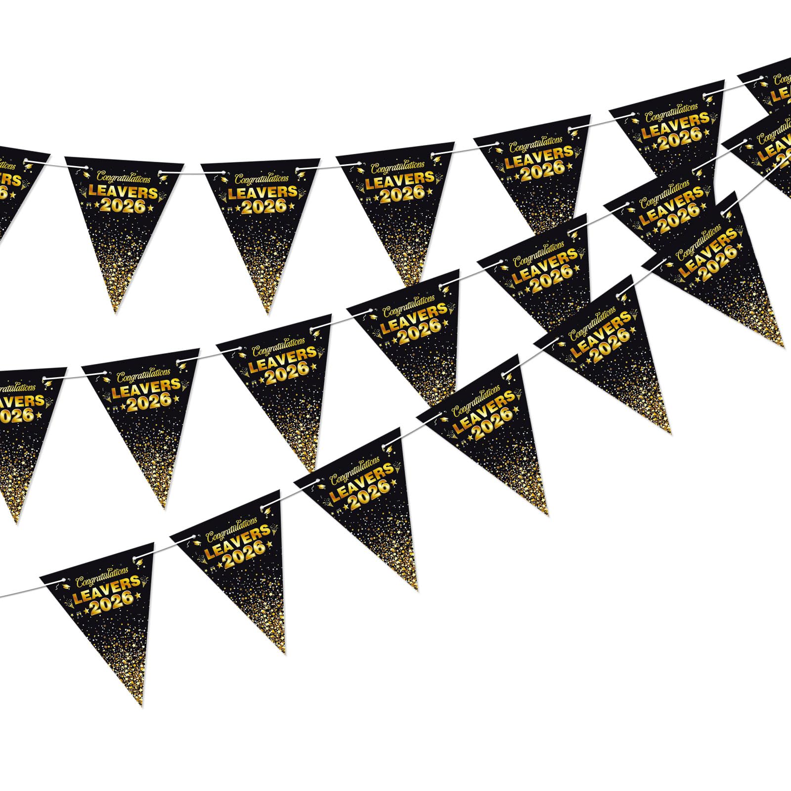 Leavers 2026 Bunting Graduation Decorations, 20Pcs Black Gold Leavers Triangle Bunting Banner, Pre-Threaded Double-sided Pennant Banner for High School College Students Graduation Party Decorations