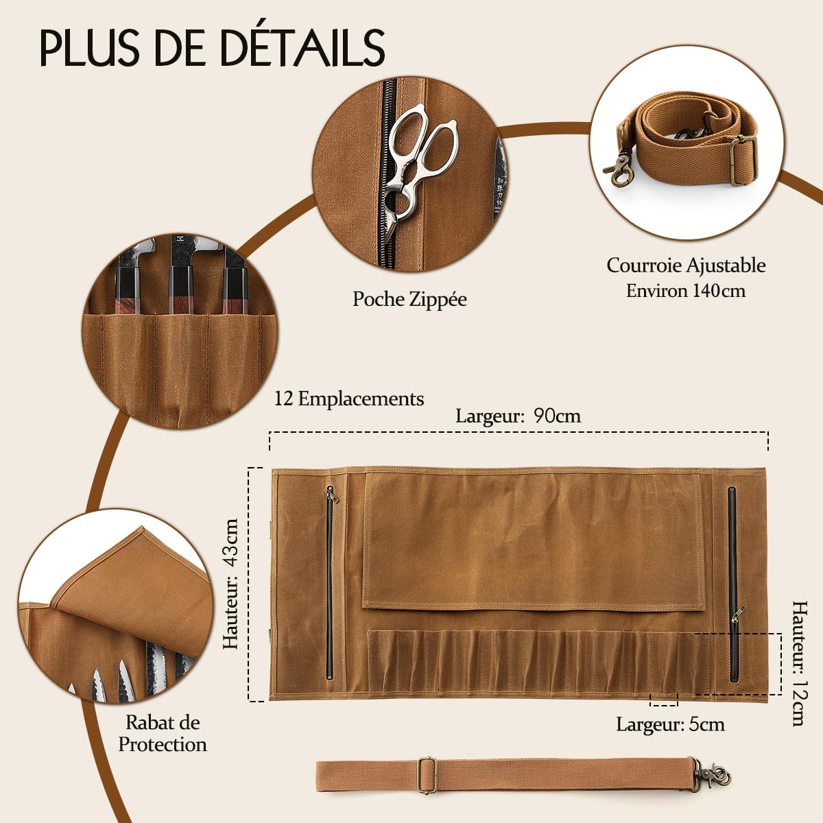 HEZHEN Sac à Couteaux de Chef，Rouleau de Couteau (sans Couteau)-Jaune Brun | 16oz Huile Ciré Toile, Imperméable,Bandoulière Réglable,12 Fentes & 2 Poche Zip, Portable Sacoche pour Rangement Couteau