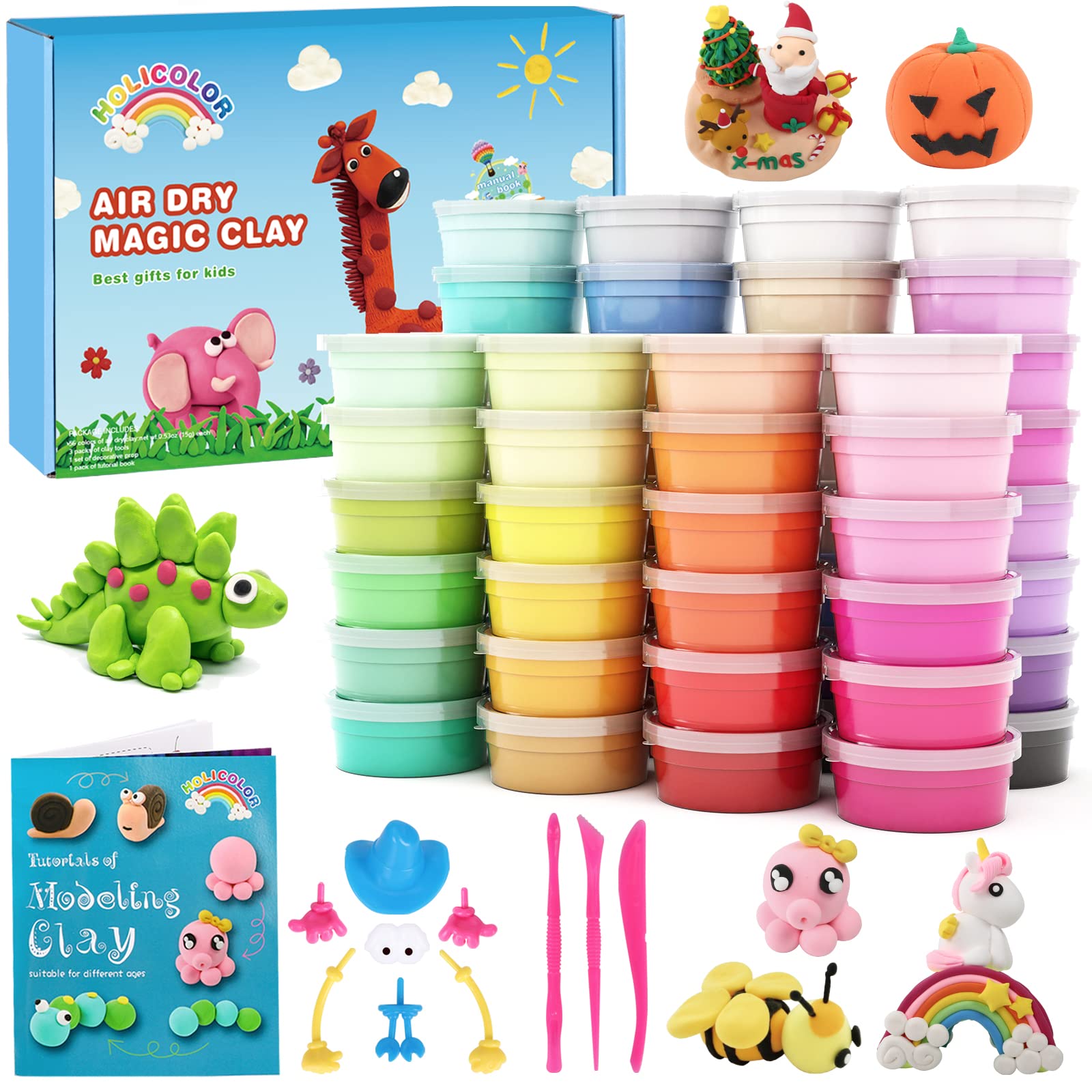 HOLICOLOR 56 Colors Air Dry Clay, Modeling Clay Kit Soft and Stretchy Magic Clay in Cups with Sculpting Tools Accessories Best Gift Art Crafts Halloween Christmas