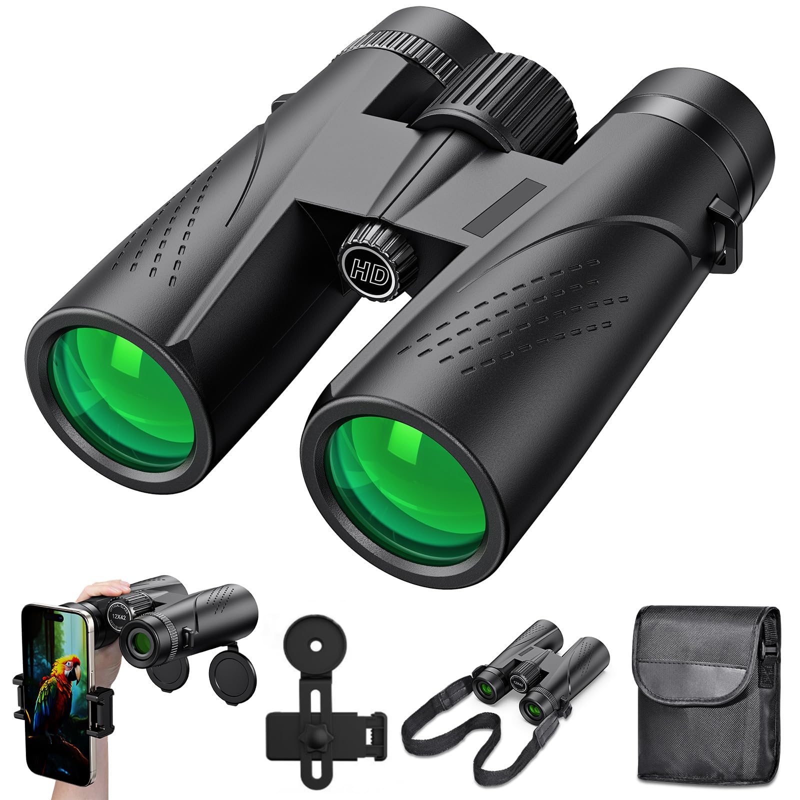 Prismáticos 12x42 para Adultos, Prismáticos HD Impermeables con Prisma BAK4 y Lente FMC, Telescópicos Portátiles para Observación de Aves Fútbol Escalada y Conciertos
