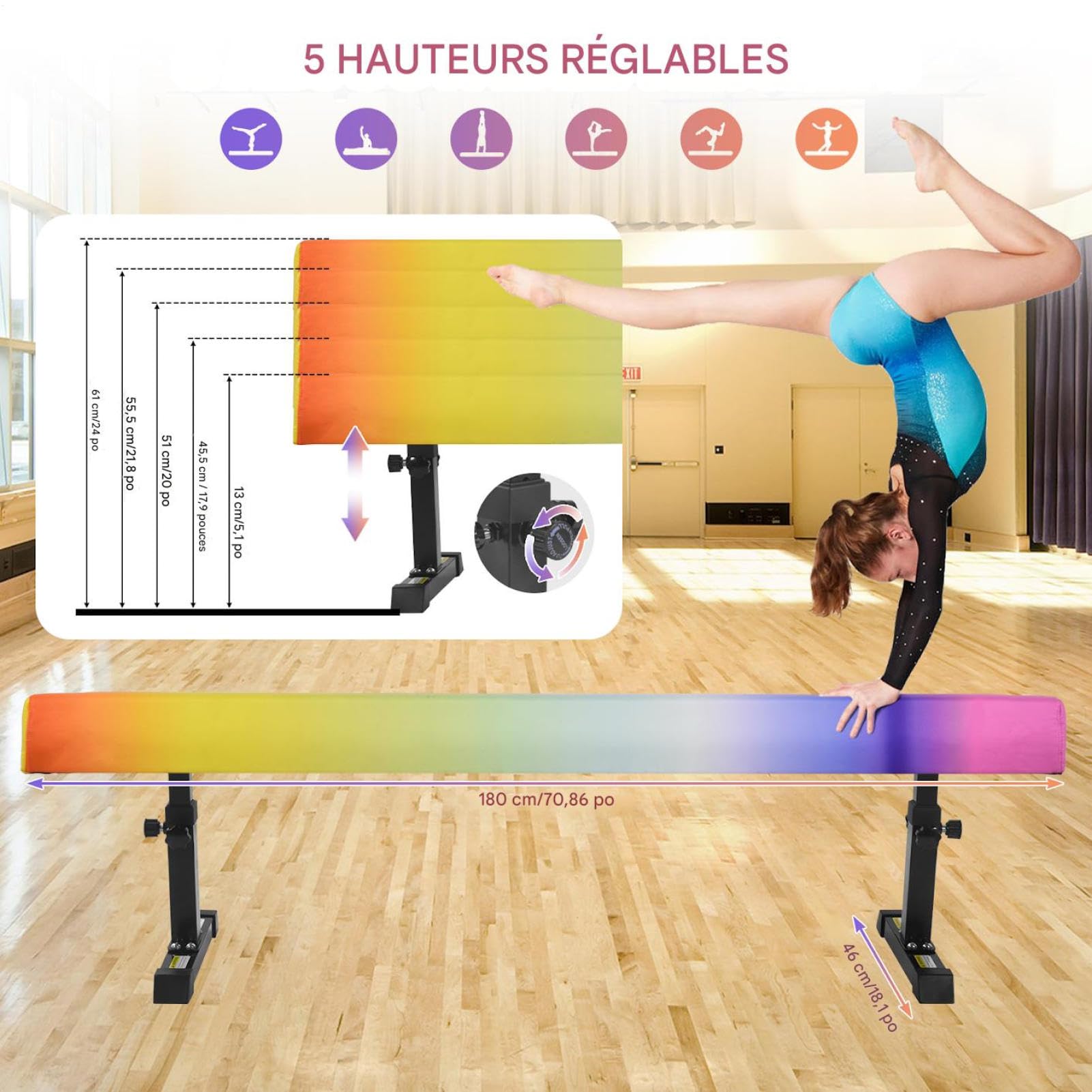 Poutre Gymnastique 5 Hauteurs Réglables Poutress D'Équilibre Enfant Poutre Gym Capacité de charge 50 kg 180 cm de long Équipement d'entraînement de gymnastique à poutres stables de niveau haut et bas