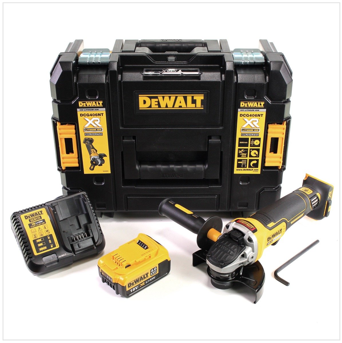 Dewalt DCG 406 M1 18 V 125 mm silnik bezszczotkowy akumulator szlifierka kątowa + 1 x akumulator 4 Ah + ładowarka w skrzynce narzędziowej TSTAK