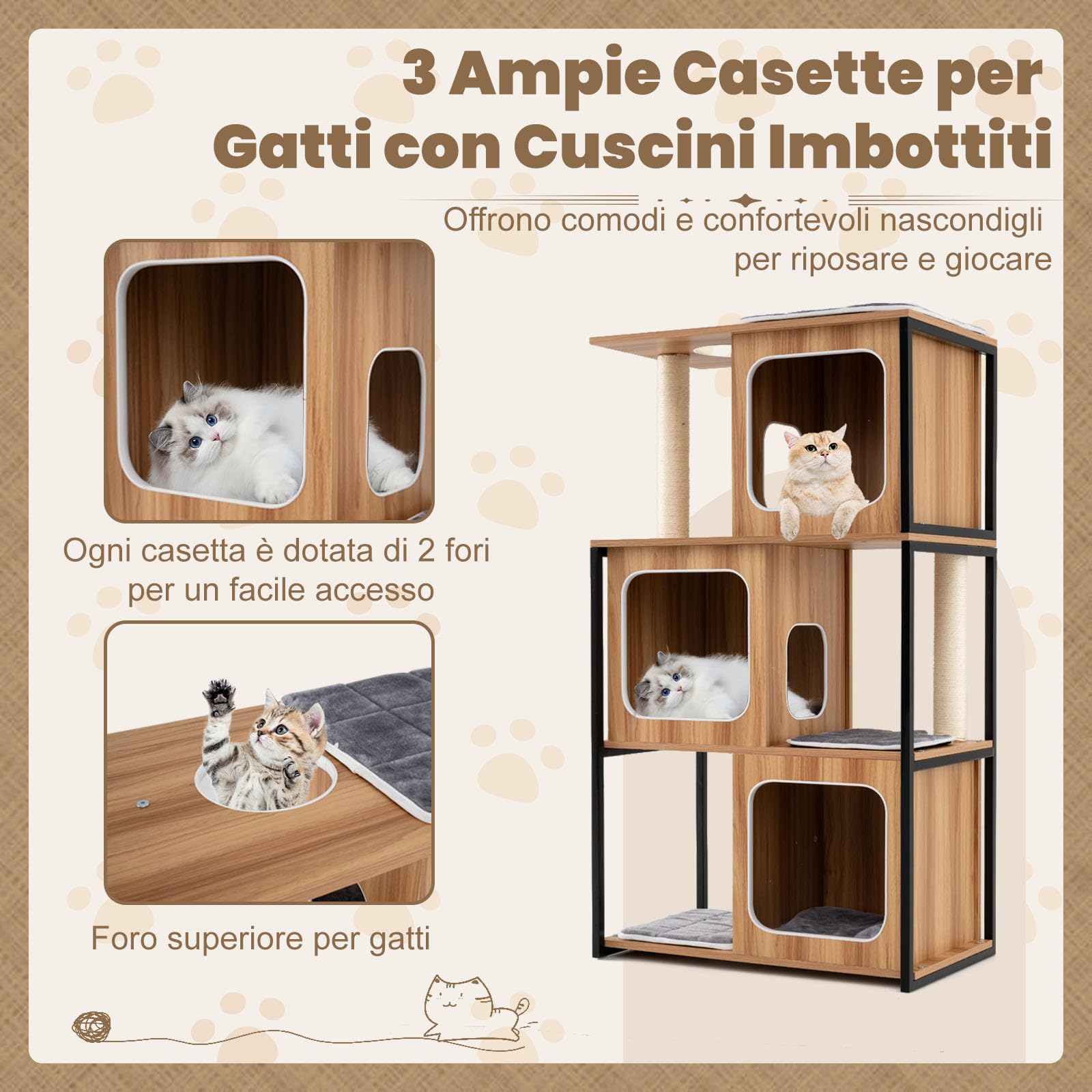 GYMAX Albero per Gatti in Legno con Struttura in Metallo, Condominio e Piattaforma, Pali Tiragraffi in Sisal, Cuscini Lavabili, Torre a Più Livelli, Mobile per Arrampicamento (75 x 45 x 133 cm)