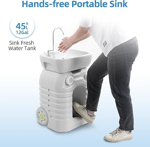 Miniatura 2 de YITAHOME Fregadero portátil de campamento, estación de lavado de manos de 45 L con lavabo ajustable, dispensador de jabón, mango de metal, ruedas
