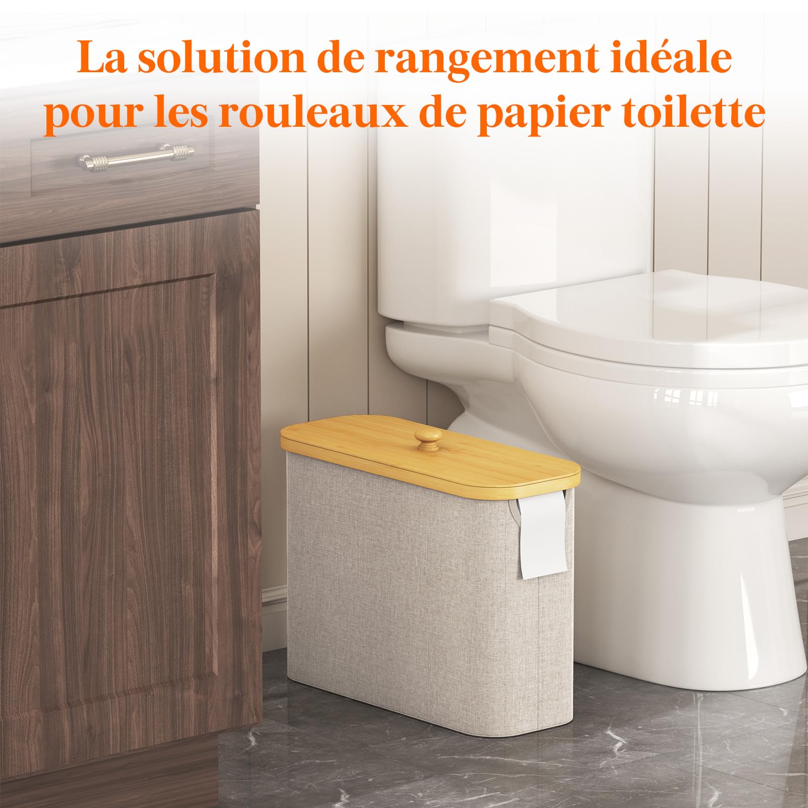 Lifewit Rangement Papier Toilette, Réserves à Rouleaux de Panier Papier Toilette WC avec Bambou Couvercle, Boite Rangement Salle de Bain, Accessoires WC, Panier Rangement Tissu, 23L, Beige