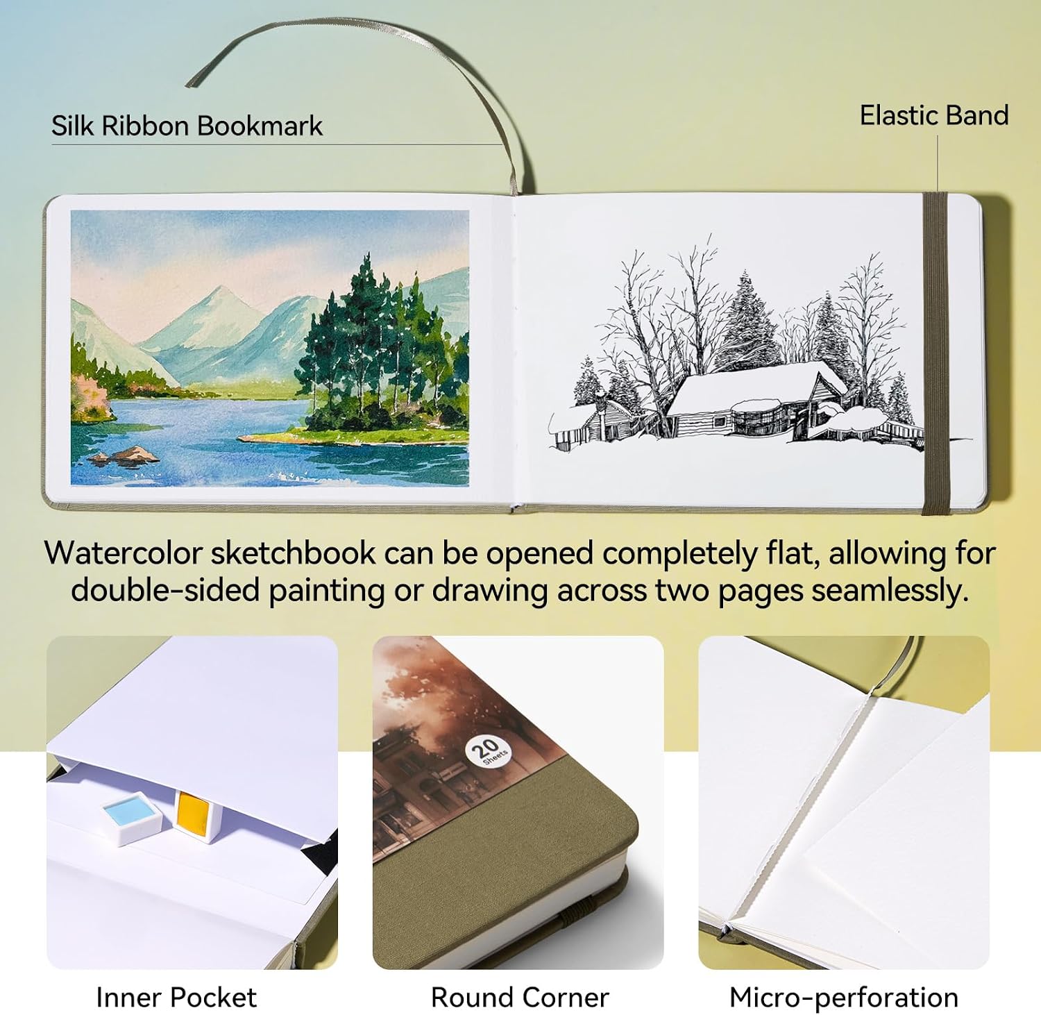 Lightwish Watercolor Sketchbook, 100% Cotton Cold Press Art Supplies Watercolor Paper Journal 7.6 * 5.1In, 2 Pack 40 Sheets (140lb/300gsm), Acid-Free for Watercolors, Gouache, Acrylics