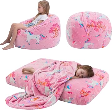 COMAX Bean Bag Chairs for Kids, 3-in-1 Convertible Pink Kids Bean Bag Bed