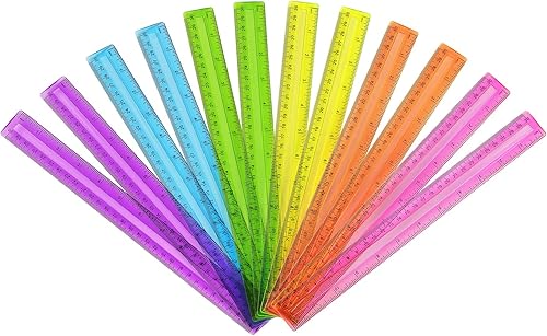 Paquete de 12 reglas de plástico transparentes de color, reglas métricas a granel con pulgadas y centímetros, regla para niños para la escuela, el