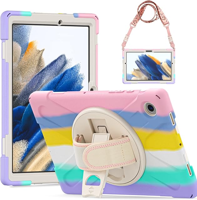 Gerutek Samsung Galaxy Tab A8 10.5 Case Shockproof, SM-X200/X205 Case, Heavy Duty Rugged Samsung Tablet A8 10.5 Case with 360 Rotatable kickstand/Hand & Shoulder Strap Cover for Tab A8, Colourful Pink