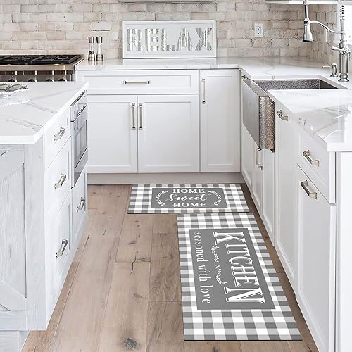 Miniatura 4 de Juego de 2 tapetes de cocina a cuadros de búfalo gris, antideslizantes, gruesos, para el suelo, cómodos tapetes de pie para cocina, fregadero,