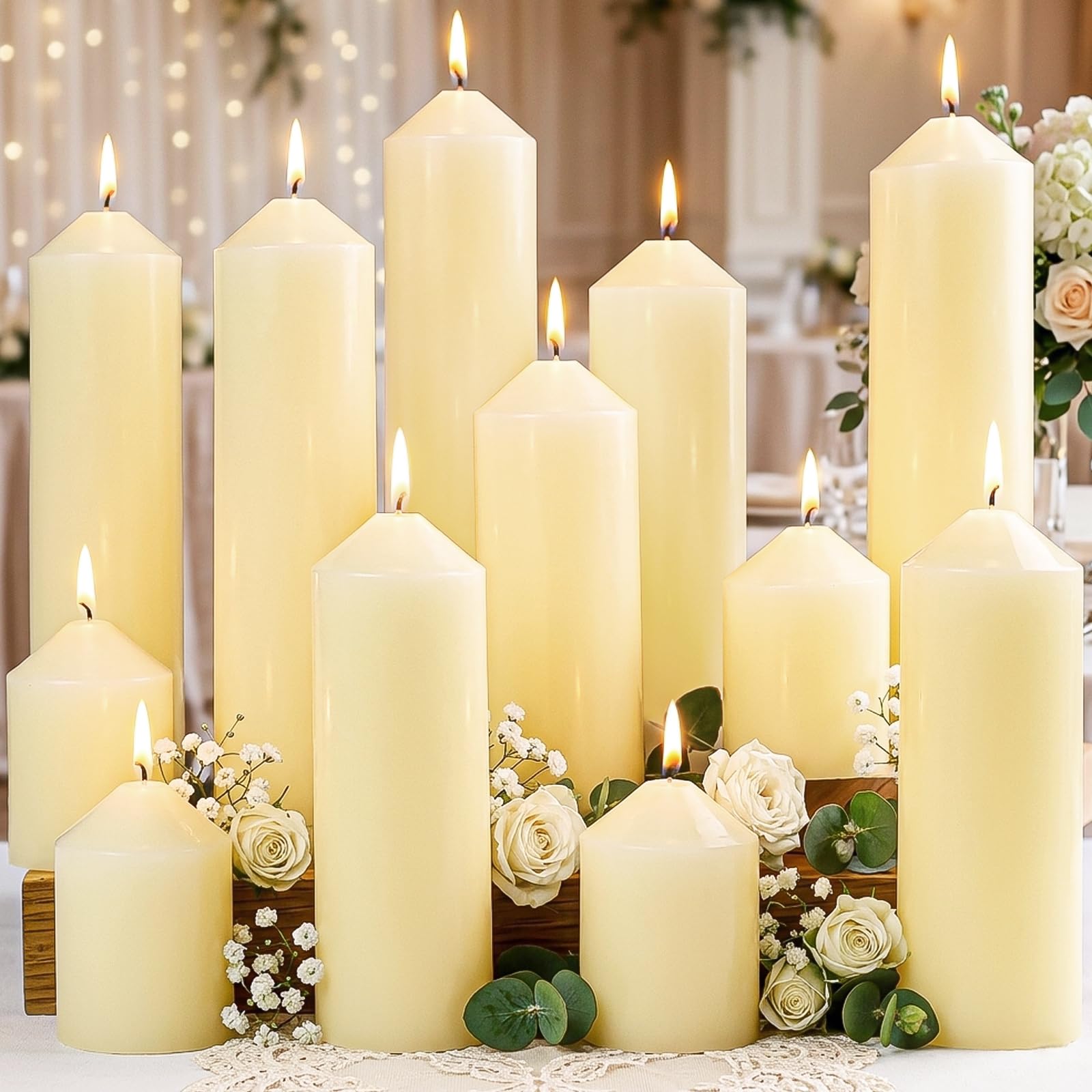 Photo 1 of 12 Packs Ivory Pillar Candles for Centerpiece, 2x3 2x6 2x8 Inch, Classic Unscented Wedding Candles for Hurricane, Dripless and Smokeless Candles for Party, Home Decor, Mantels