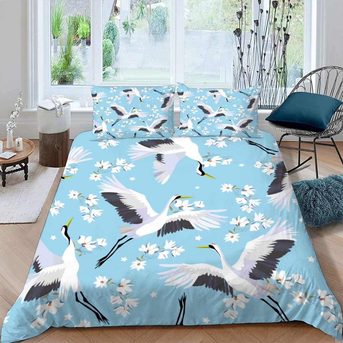 Housse de couette 220x240 fleurs blanches et grue avec 2 taies d'oreiller