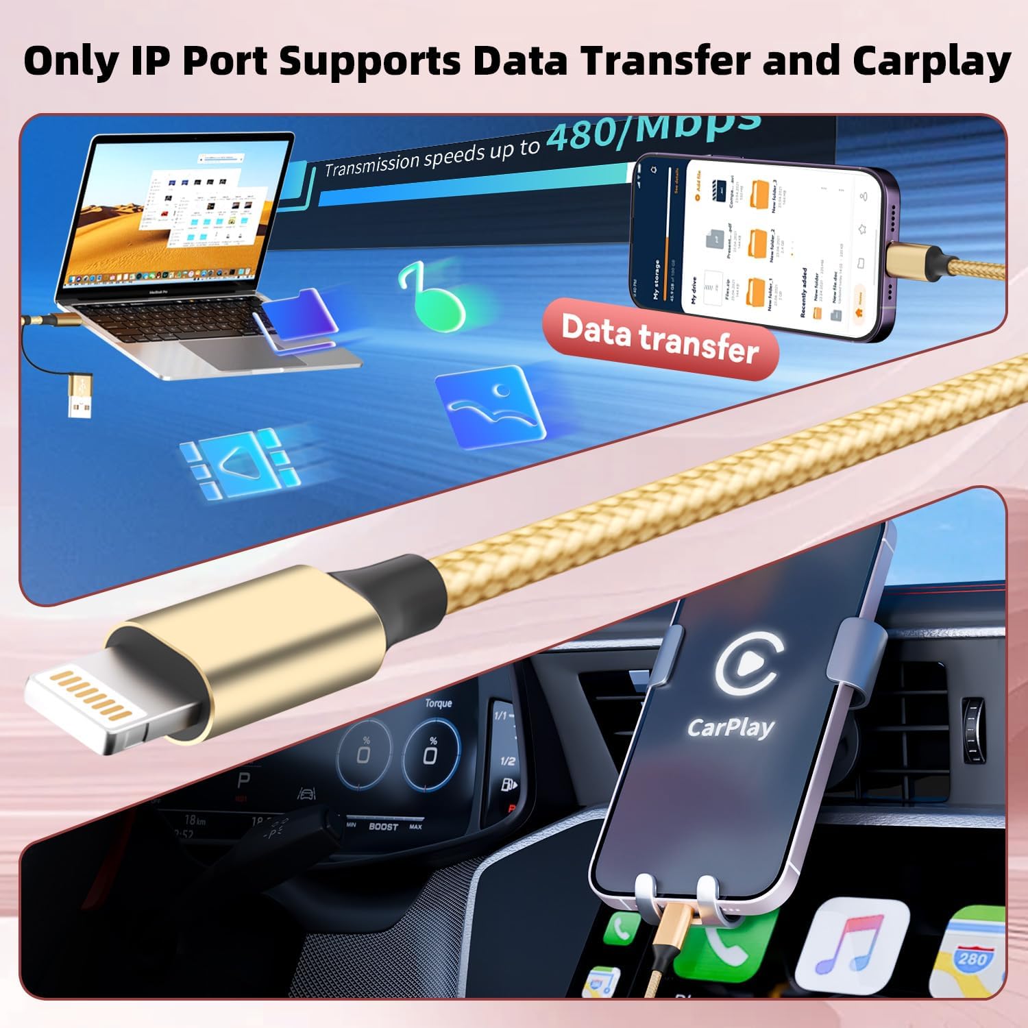 USB A/C 3 in 2 Multi Charging Cable 2Pack 5FT, Multiple Charger Cord for iWatch Charger/iPhone Charger/iPad, Multi Charger Cables Compatible with iWatch&iPhone 17-12